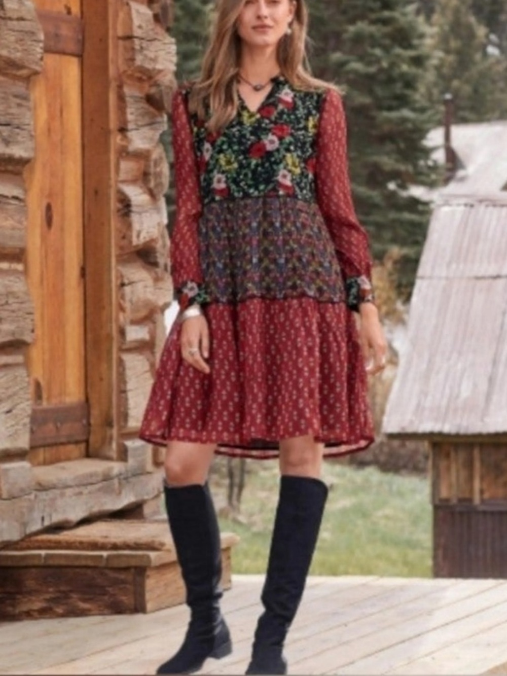 Sundance Midi Patch Black Dress with Green and Orange Floral Trim